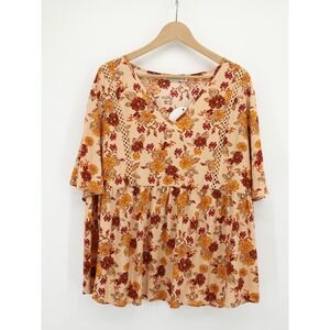 Rusttydustty Floral Top 2XL Boho Peplum Blouse V Neck Flutter Sleeve NWT‎